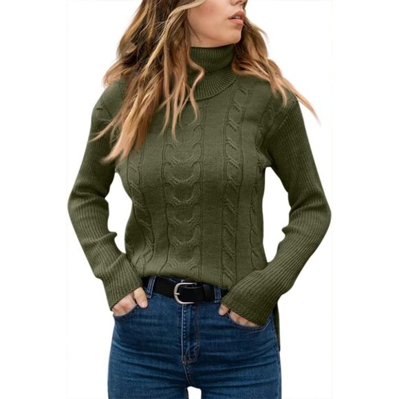 Womens Army Green Pull On Cable Knit Turtleneck Long Sleeve Casual Warm Sweaters - Picture 2 of 2